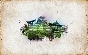 gray and green wooden house wallpaper, Asian architecture, digital art