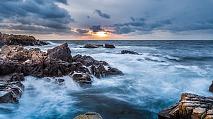 rocks on blue ocean wallpaper, nature, sea, sunset, rock