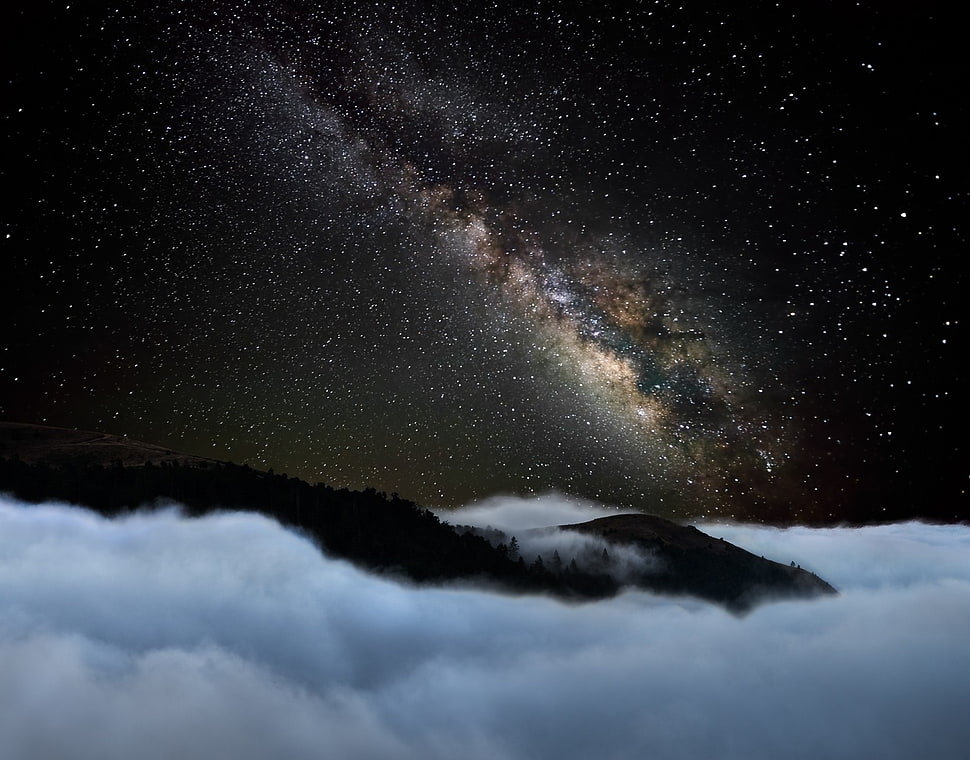 nebula stars, nature, landscape, starry night, mountains HD wallpaper