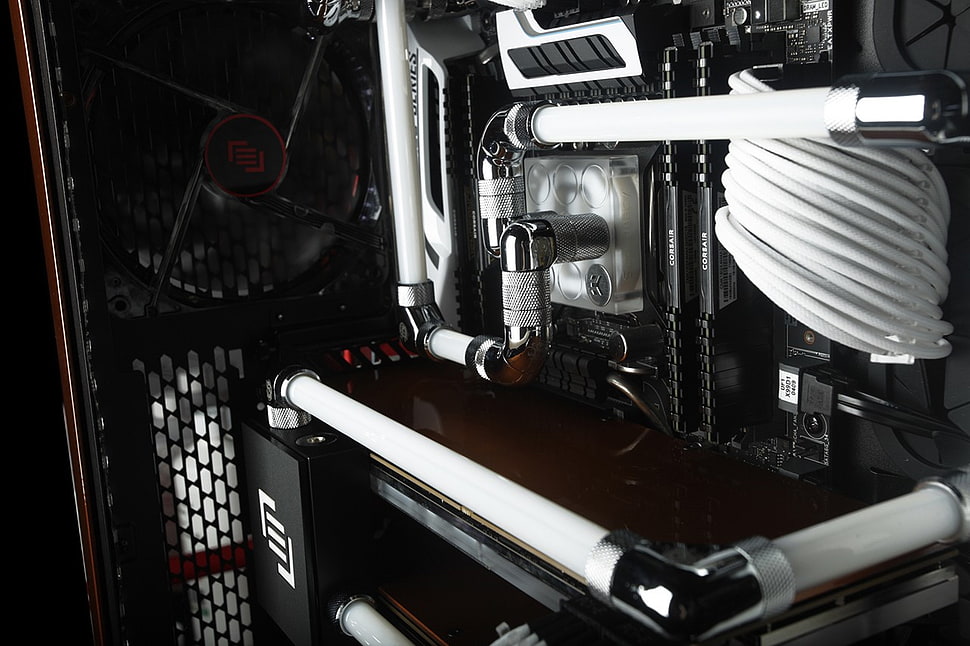 white and black computer motherboard, computer, watercooling HD wallpaper