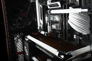 white and black computer motherboard, computer, watercooling