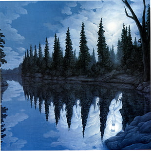 river near pine trees under blue and white sky painting, painting, reflection
