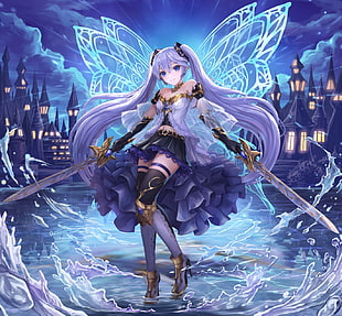 female anime character holding two swords digital wallpaper, Vocaloid, Hatsune Miku, twintails, aqua eyes HD wallpaper