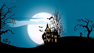 silhouette haunted house digital wallpaper, Halloween, house, digital art, bats