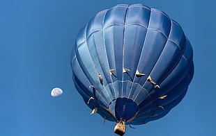 blue hot air balloon, Moon, blue, sky, hot air balloons HD wallpaper