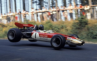 red and white race car, car, Formula 1, Lotus, racing