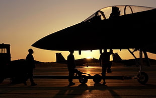 silhouette of three person on jet plane during golden hour, airplane, F-15 Eagle, silhouette, sunlight
