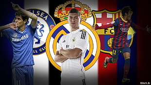 Team Cheasea Football Club, Real Madrid, and FC Barcelona players photo collage HD wallpaper