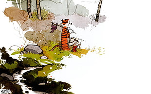 boy and cat walking illustration, Calvin and Hobbes