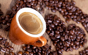 coffee bean with brown ceramic mug