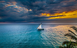 white sail boat, sunset, sea, sky, sailing ship HD wallpaper