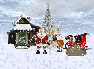 Santa Claus with reindeer and sleigh near house and pine tree during winter season in animated photo