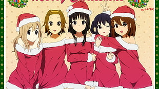 five anime girls wearing Santa dresses digital wallpaper