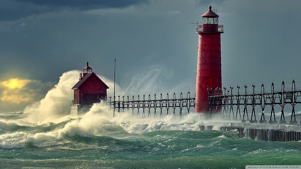 white and red concrete building, lighthouse HD wallpaper