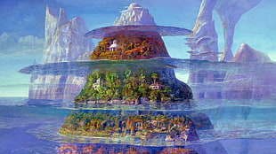 island wallpaper, island, mountains, town, animation