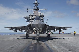gray fighter jet, F-35 Lightning II, military aircraft, aircraft carrier, military