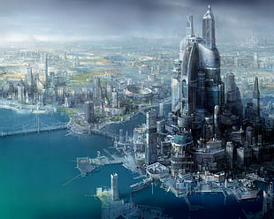 gray high-rise building near body of water photo, futuristic city, science fiction