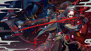 two person holding samurai and bow digital wallpaper, Overwatch, digital art, video games, Hanzo (Overwatch) HD wallpaper