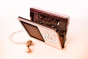 silver cassette player, audio, music, cassette, technology