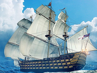 brown and black galleon ship, sailing ship, artwork, vehicle, ship