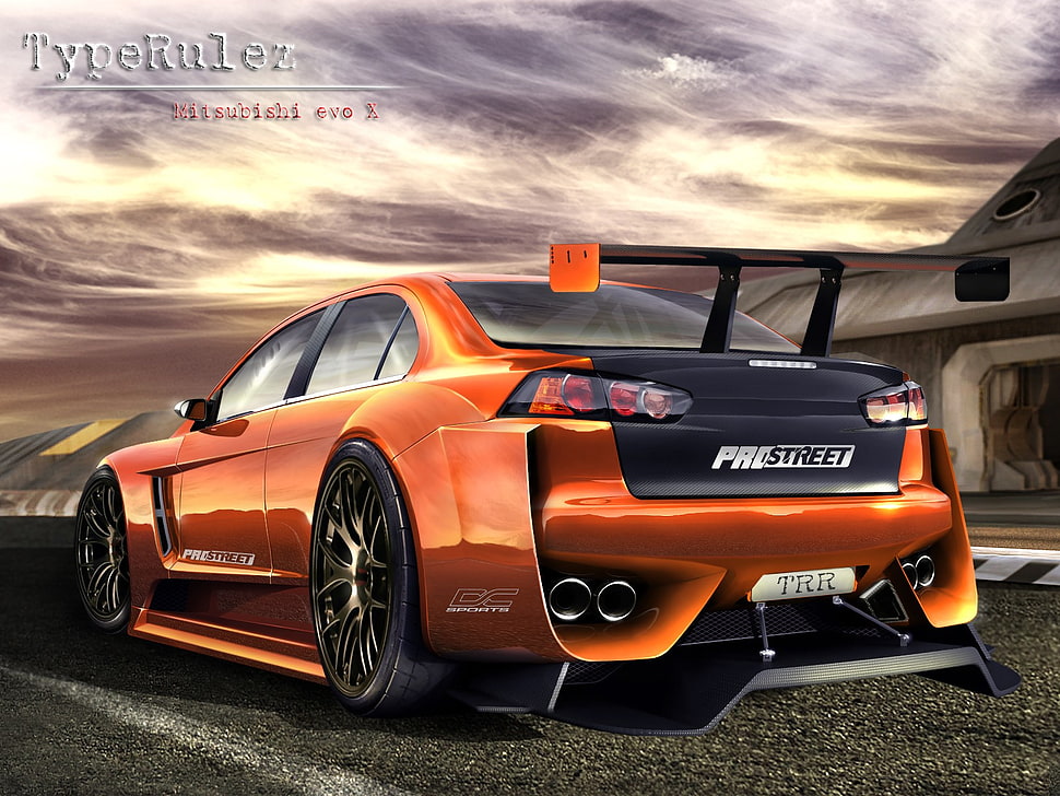 orange coupe, Mitsubishi Lancer Evo X, tuning, car, vehicle HD wallpaper