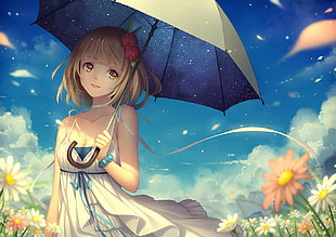 female anime character holding umbrella HD wallpaper