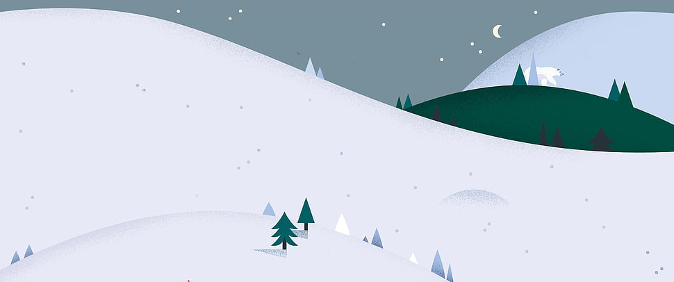 mountain and trees illustration, snow, polar bears, hills, night HD wallpaper