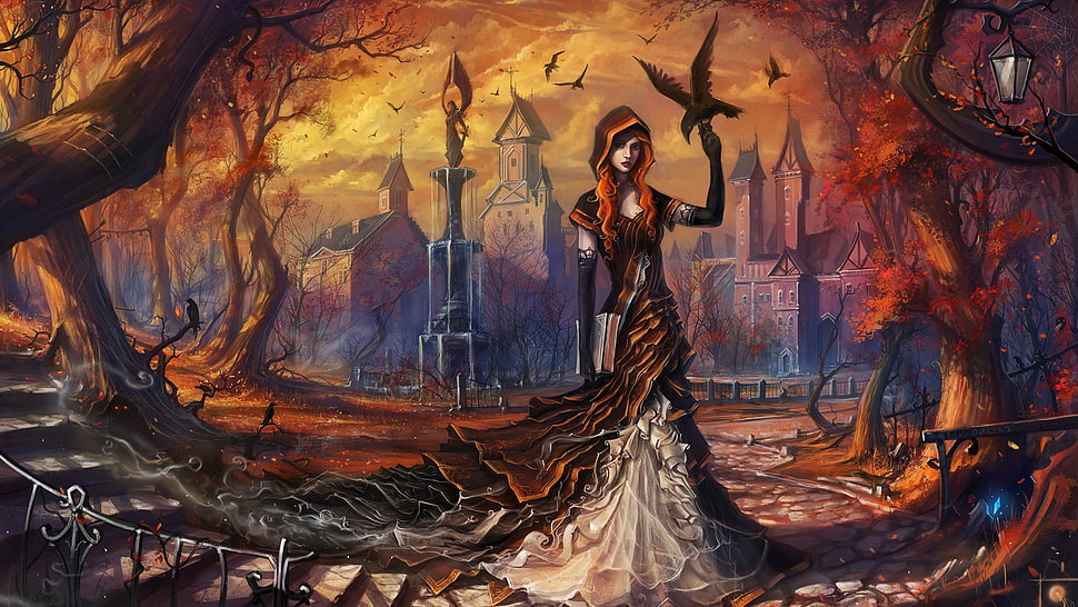 witch holding crow surrounded by brown trees HD wallpaper, fantasy art, artwork HD wallpaper