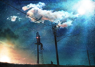 electric post illustration, power lines, traffic lights, stars, lens flare HD wallpaper