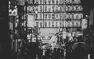 grayscale photo of Kanji scripts, oriental, urban, people, umbrella HD wallpaper