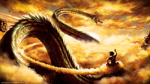 Goku riding on kinton cloud near Shenron illustration