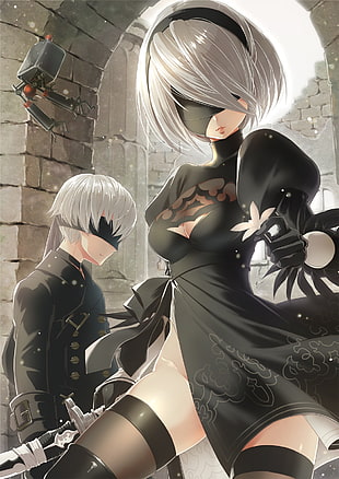 2b and 9s from Nier Automata illustration, cleavage, black dress, NieR, Nier: Automata