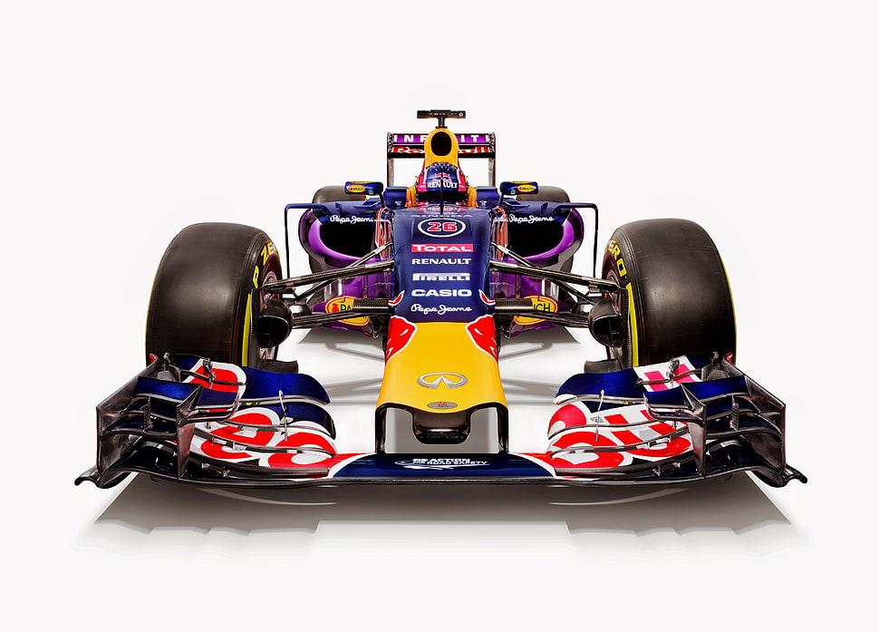 blue, yellow, and red F1 racing car HD wallpaper