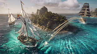 flagship near of islet, pirates, skull and bones, Skull & Bones, Ubisoft HD wallpaper