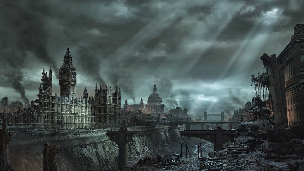 Wrecked buildings under dark clouds wallpaper, London, apocalyptic,  Hellgate London, video games HD wallpaper | Wallpaper Flare