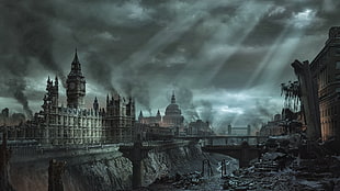 wrecked buildings under dark clouds wallpaper, London, apocalyptic, Hellgate London, video games