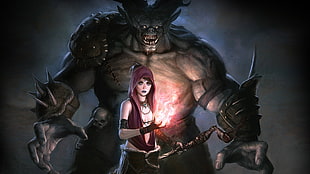 woman with fire on her hands and monster at the back wallpaper art