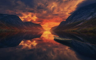 body of water, summer, sunset, lake, mountains