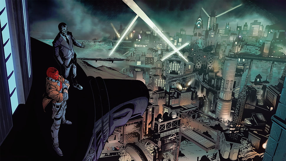 two person on top of building at night illustration, Red Hood, outdoors, New 52, DC Comics HD wallpaper