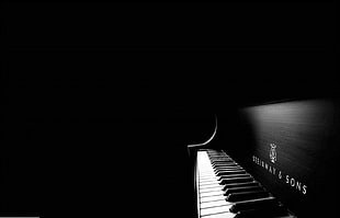 black grand piano, piano, monochrome