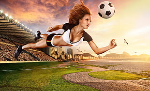 diving woman illustration with soccer ball HD wallpaper