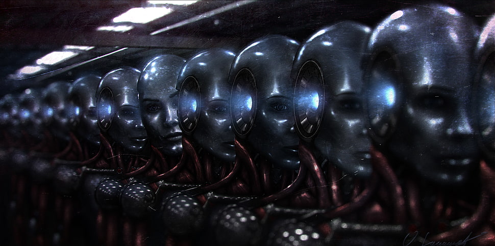 black and gray metal frame, robot, artwork HD wallpaper