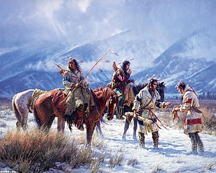 brown and white horse, Native Americans, nature, artwork