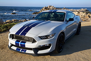 white and blue Ford Mustang coupe parked near seashore