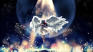 white haired female with wings illustration, angel wings