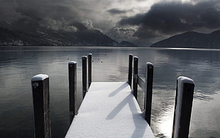 white and black wooden dock, pier, nature, clouds, water