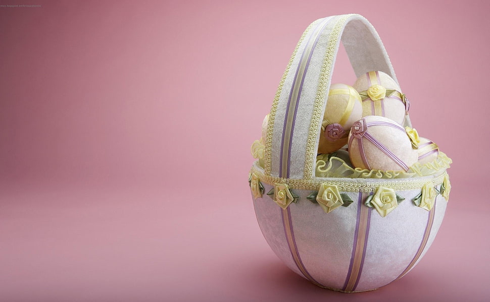 beige and pink Easter egg with basket HD wallpaper