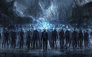 group of people wearing black suit wallpaper, science fiction, artwork, fantasy art, Legion HD wallpaper