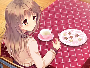 female anime character having snack and tea wallpaper