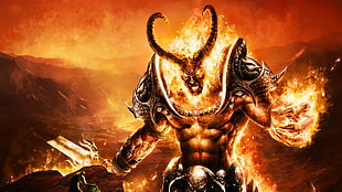 monster with horn in flame game digital wallpaper